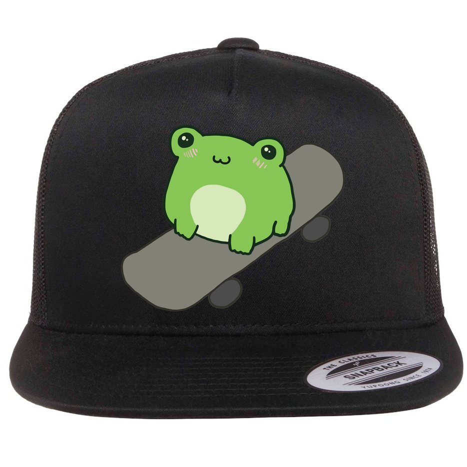 Cute Frog On Skateboard Kawaii Aesthetic Frog Flat Bill Trucker Hat