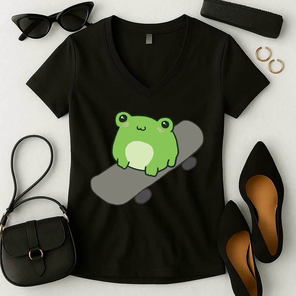 Cute Frog On Skateboard Kawaii Aesthetic Frog Women's V-Neck T-Shirt