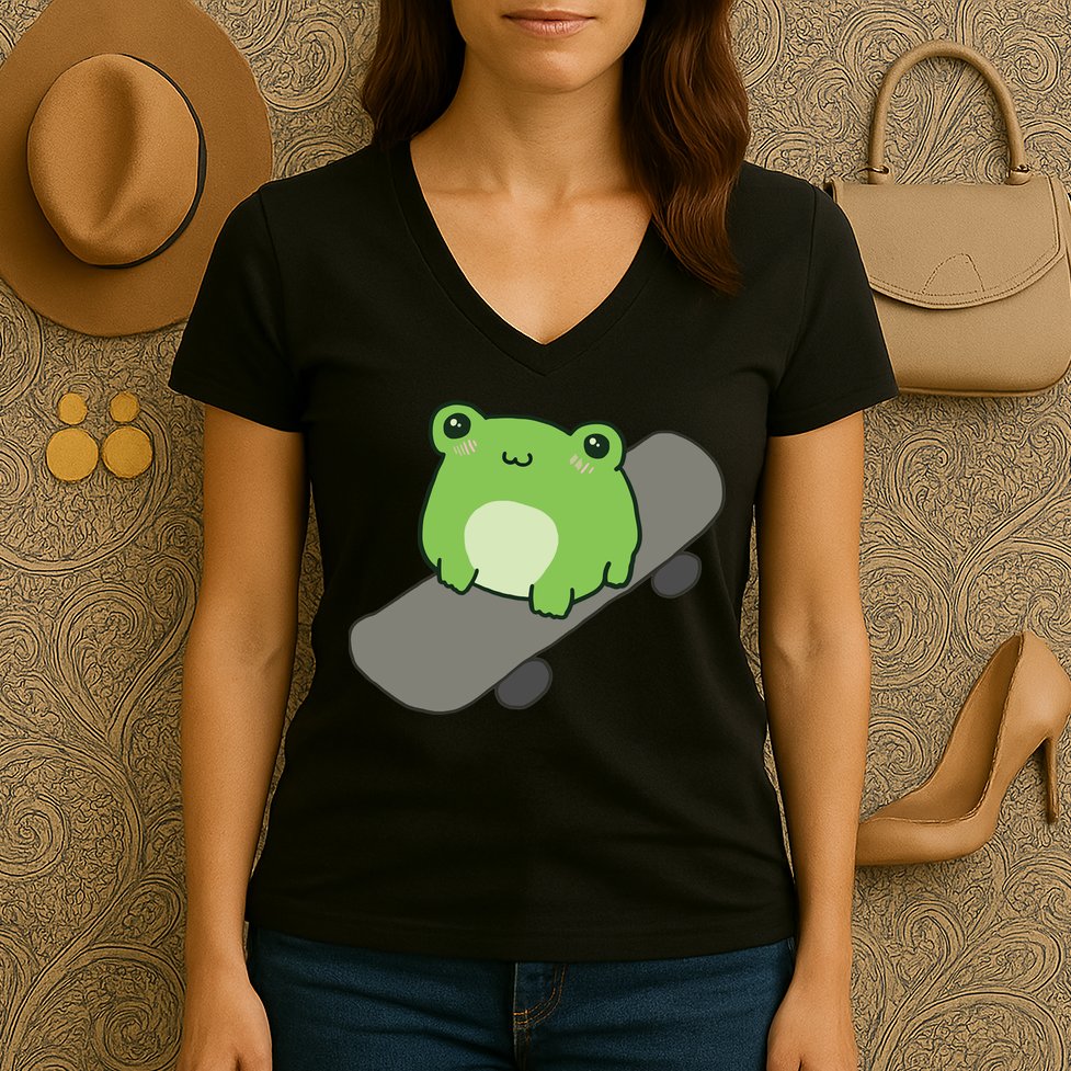 Cute Frog On Skateboard Kawaii Aesthetic Frog Women's V-Neck T-Shirt