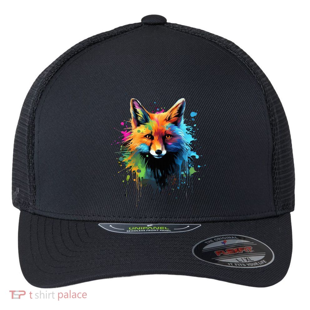 Cool Fox On Colorful Painted Fox Flexfit Unipanel Trucker Cap