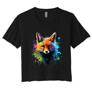 Cool Fox On Colorful Painted Fox Women's Crop Top Tee