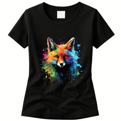 Cool Fox On Colorful Painted Fox Womens T-Shirt