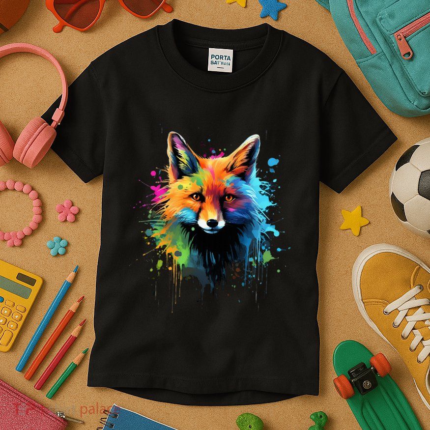 Cool Fox On Colorful Painted Fox Kids T-Shirt