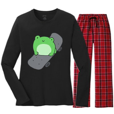 Cute Frog On Skateboard Kawaii Aesthetic Frog Women's Long Sleeve Flannel Pajama Set 