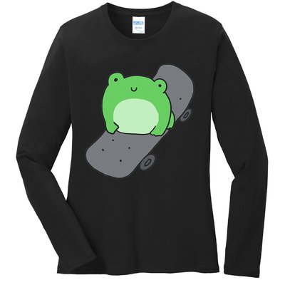 Cute Frog On Skateboard Kawaii Aesthetic Frog Ladies Long Sleeve Shirt