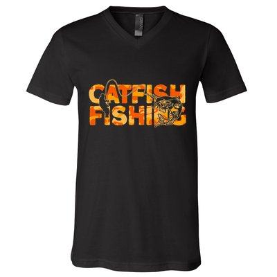 Catfish Fisherman Orange Camouflage Catfish Fishing V-Neck T-Shirt