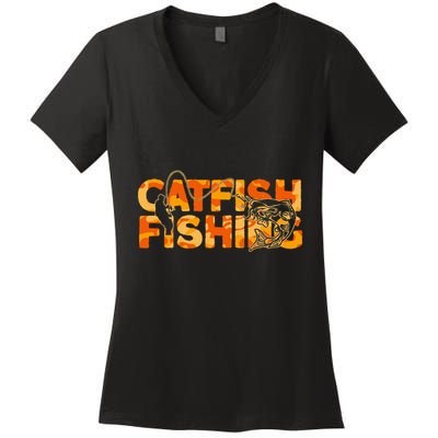 Catfish Fisherman Orange Camouflage Catfish Fishing Women's V-Neck T-Shirt