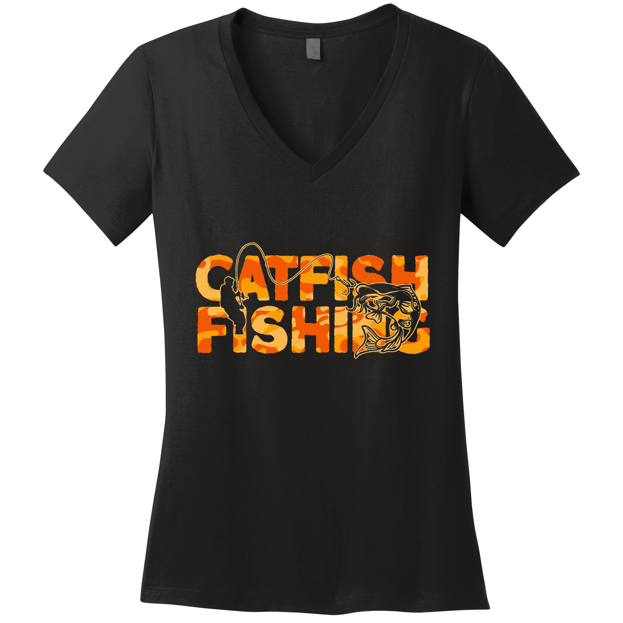 Catfish Fisherman Orange Camouflage Catfish Fishing Women's V-Neck T-Shirt