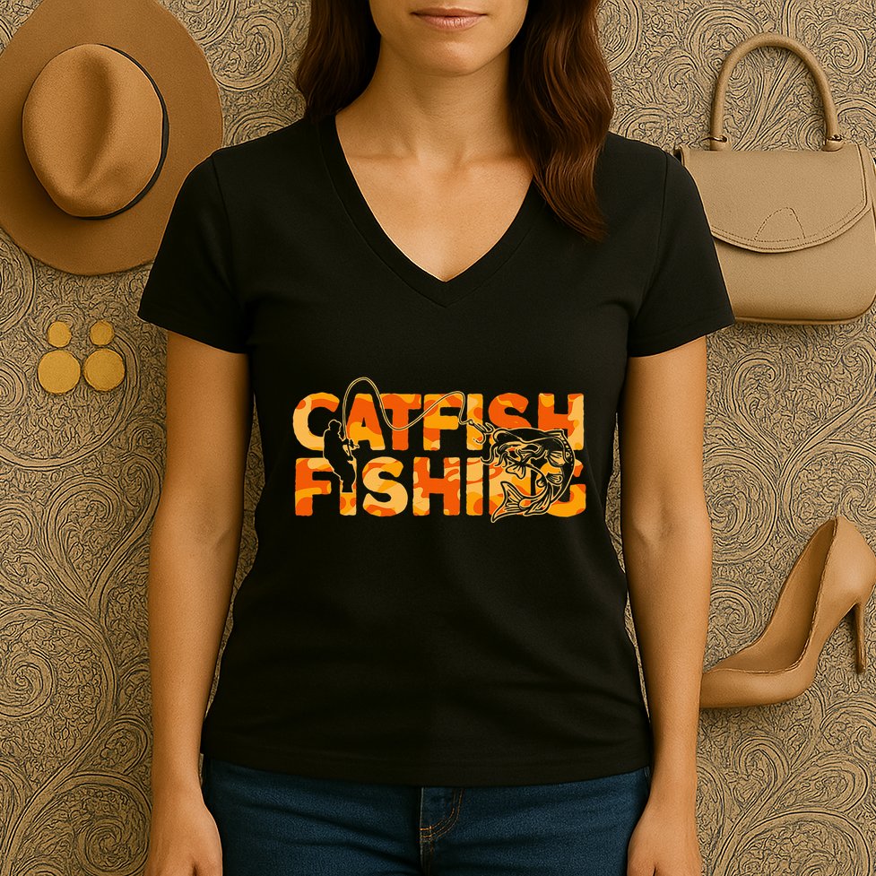 Catfish Fisherman Orange Camouflage Catfish Fishing Women's V-Neck T-Shirt