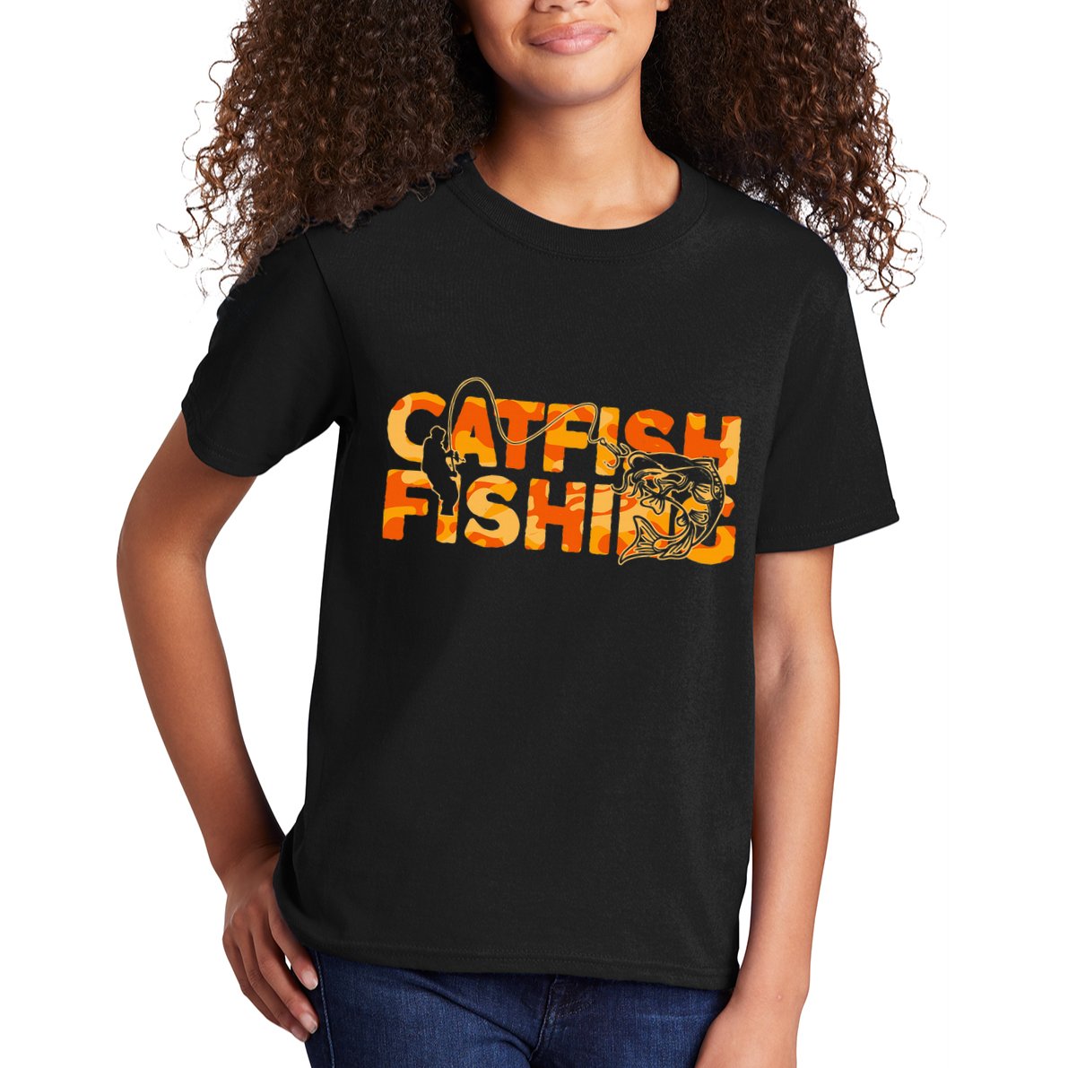 Catfish Fisherman Orange Camouflage Catfish Fishing Kids T-Shirt