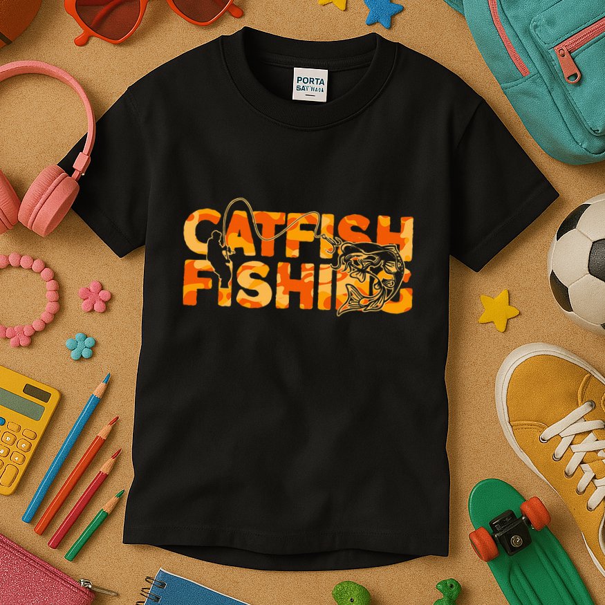 Catfish Fisherman Orange Camouflage Catfish Fishing Kids T-Shirt