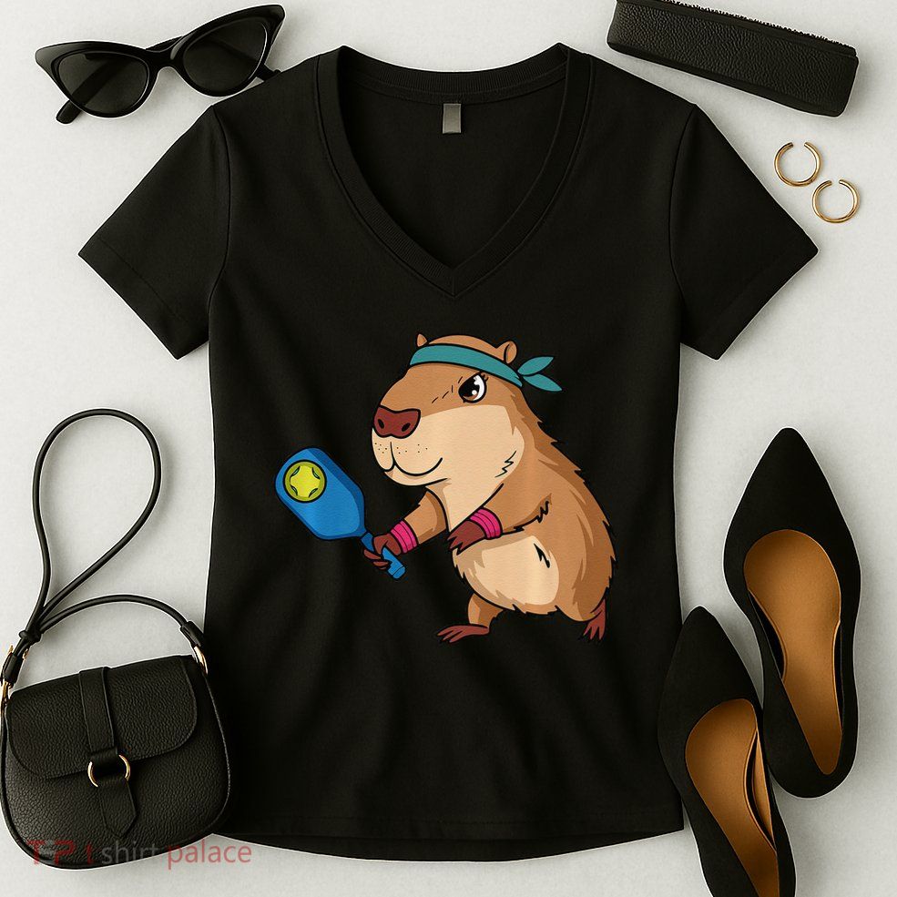 Capybara Funny Pickleball Capybara Pickle Ball Women Women's V-Neck T-Shirt