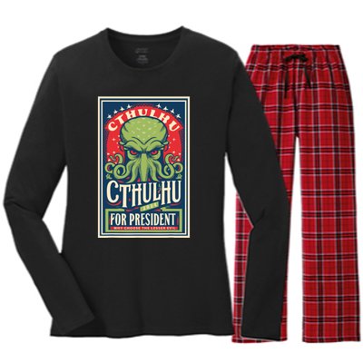 Cthulhu For President 2024 Vintage Vote So Death May Die Women's Long Sleeve Flannel Pajama Set 