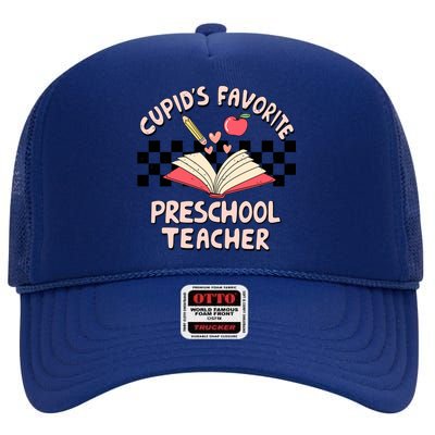 Cupid's Favorite Preschool Teacher Valentines Day Groovy Gift High Crown Mesh Back Trucker Hat