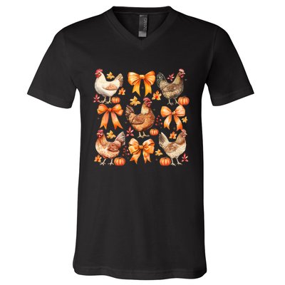 Chicken Fall Pumpkin Coquette Bow V-Neck T-Shirt