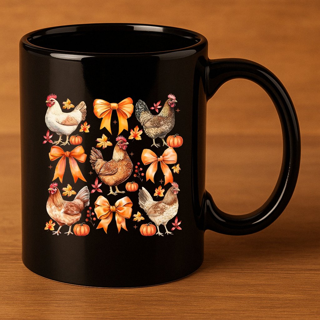 Chicken Fall Pumpkin Coquette Bow 11oz C Handle Ceramic Mug