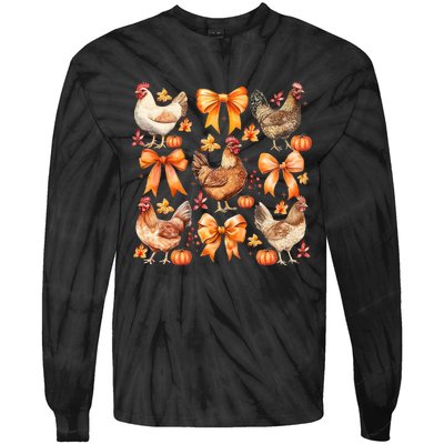 Chicken Fall Pumpkin Coquette Bow Tie-Dye Long Sleeve Shirt