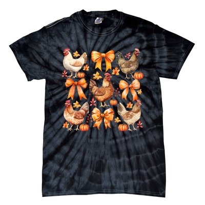 Chicken Fall Pumpkin Coquette Bow Tie-Dye T-Shirt