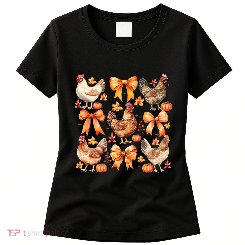 Chicken Fall Pumpkin Coquette Bow Womens T-Shirt