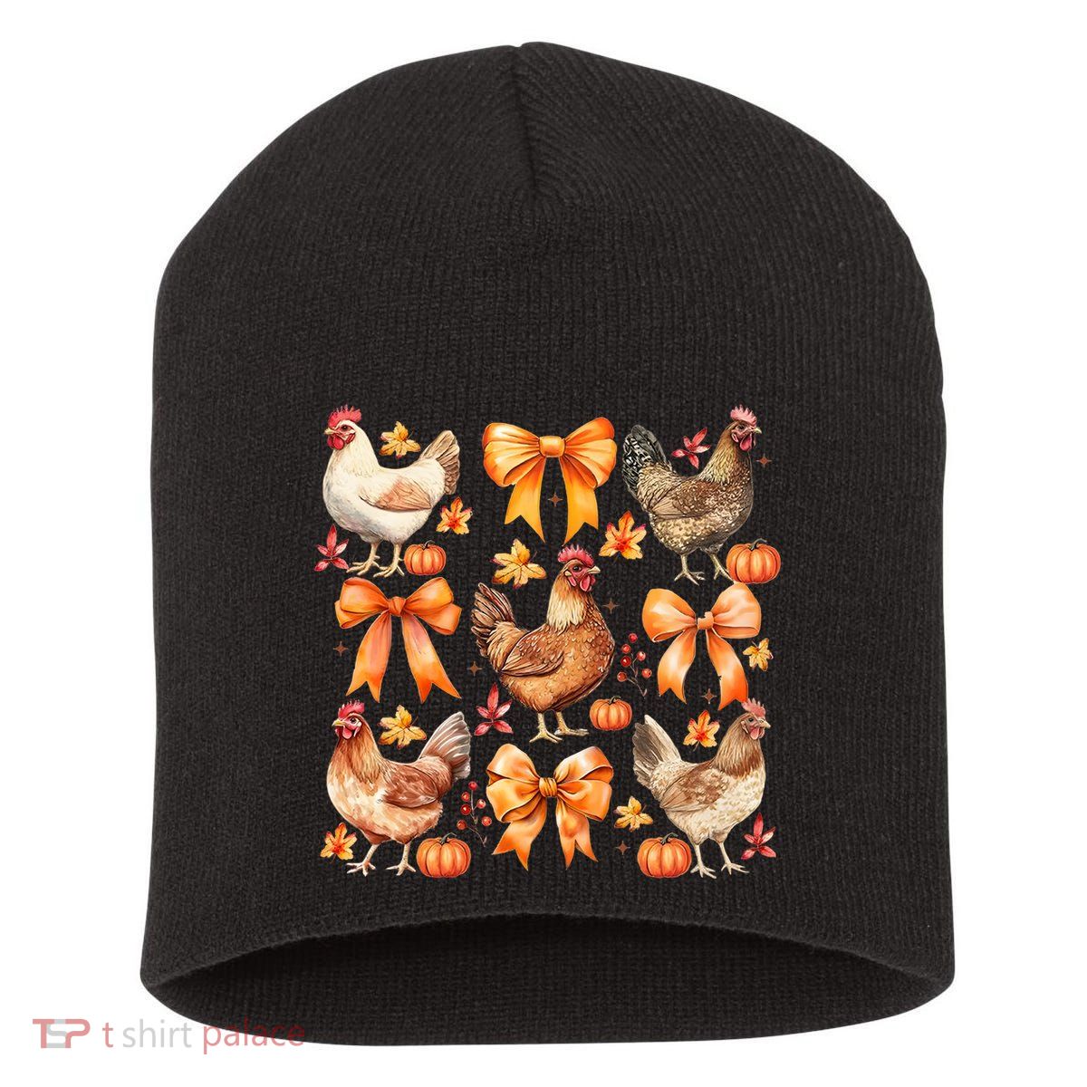 Chicken Fall Pumpkin Coquette Bow Short Acrylic Beanie