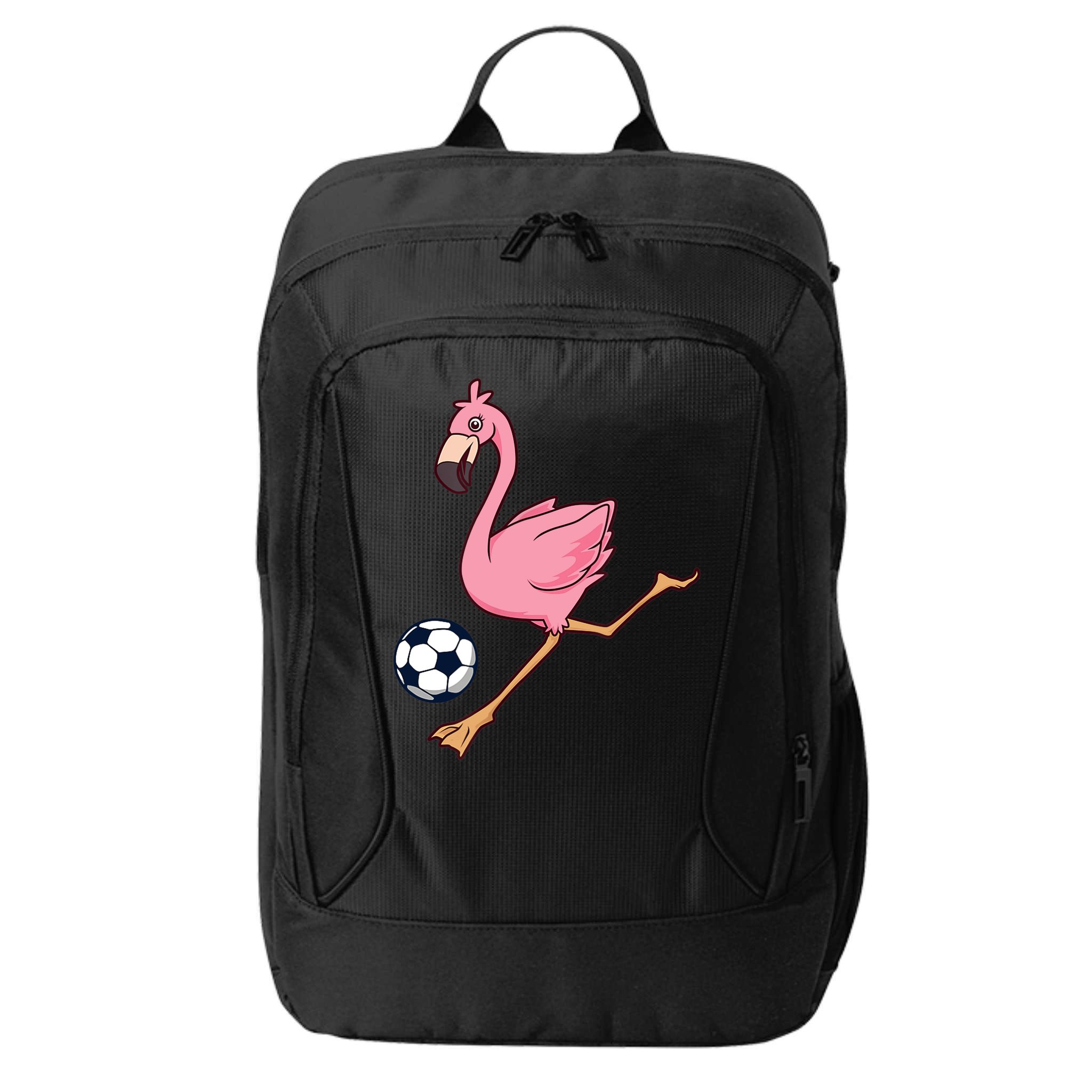 Cartoon Flamingo Playing Soccer City Backpack