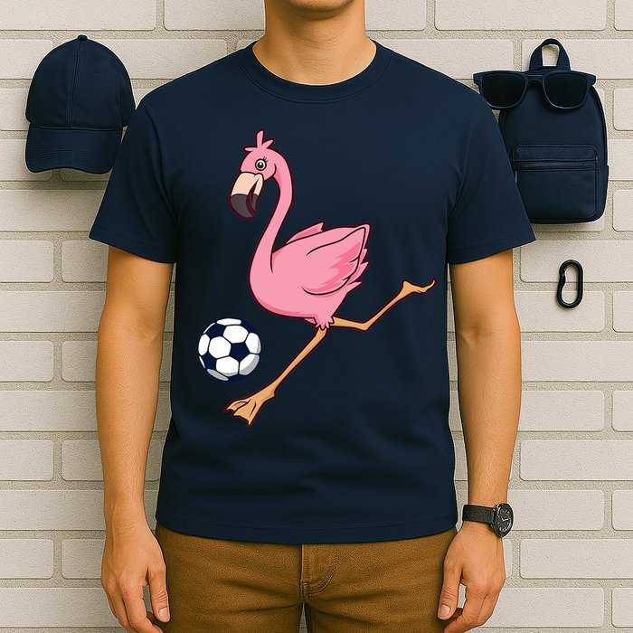 Cartoon Flamingo Playing Soccer T-Shirt