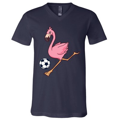 Cartoon Flamingo Playing Soccer V-Neck T-Shirt