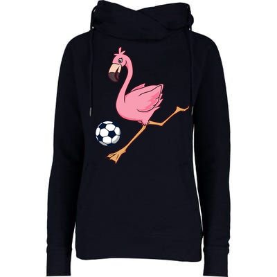 Cartoon Flamingo Playing Soccer Womens Funnel Neck Pullover Hood
