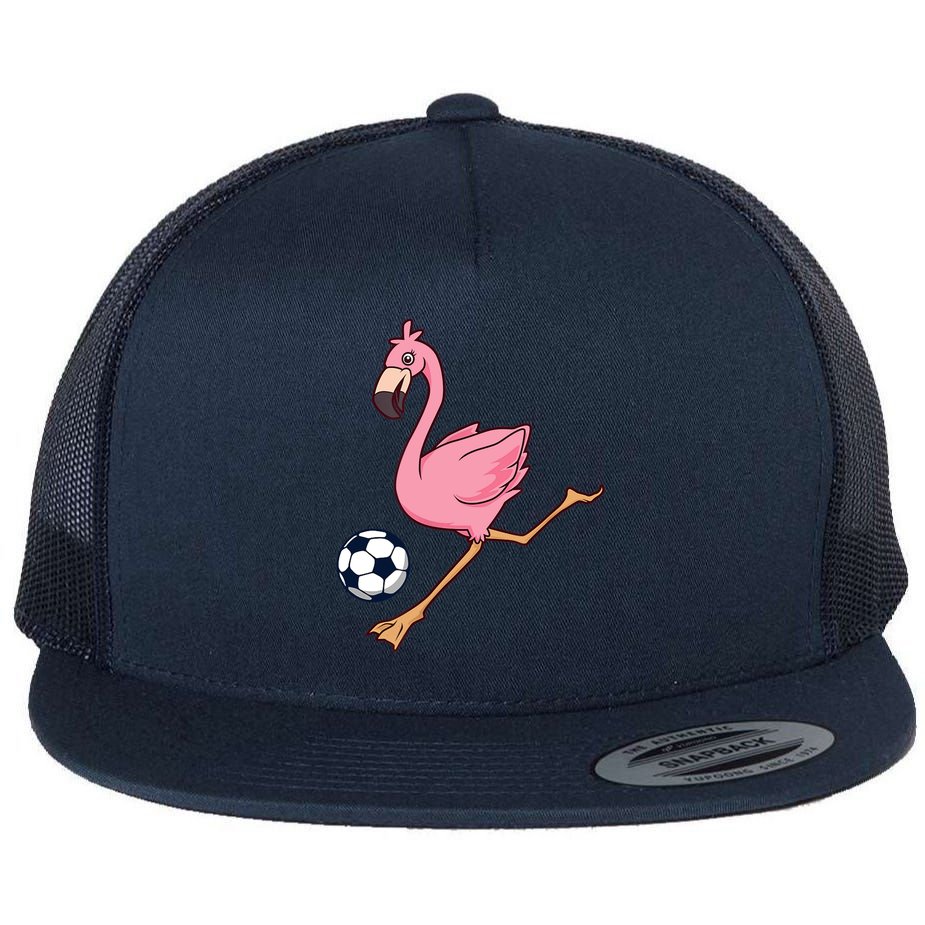 Cartoon Flamingo Playing Soccer Flat Bill Trucker Hat