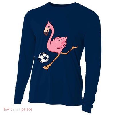Cartoon Flamingo Playing Soccer Cooling Performance Long Sleeve Crew