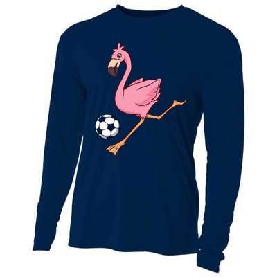 Cartoon Flamingo Playing Soccer Cooling Performance Long Sleeve Crew