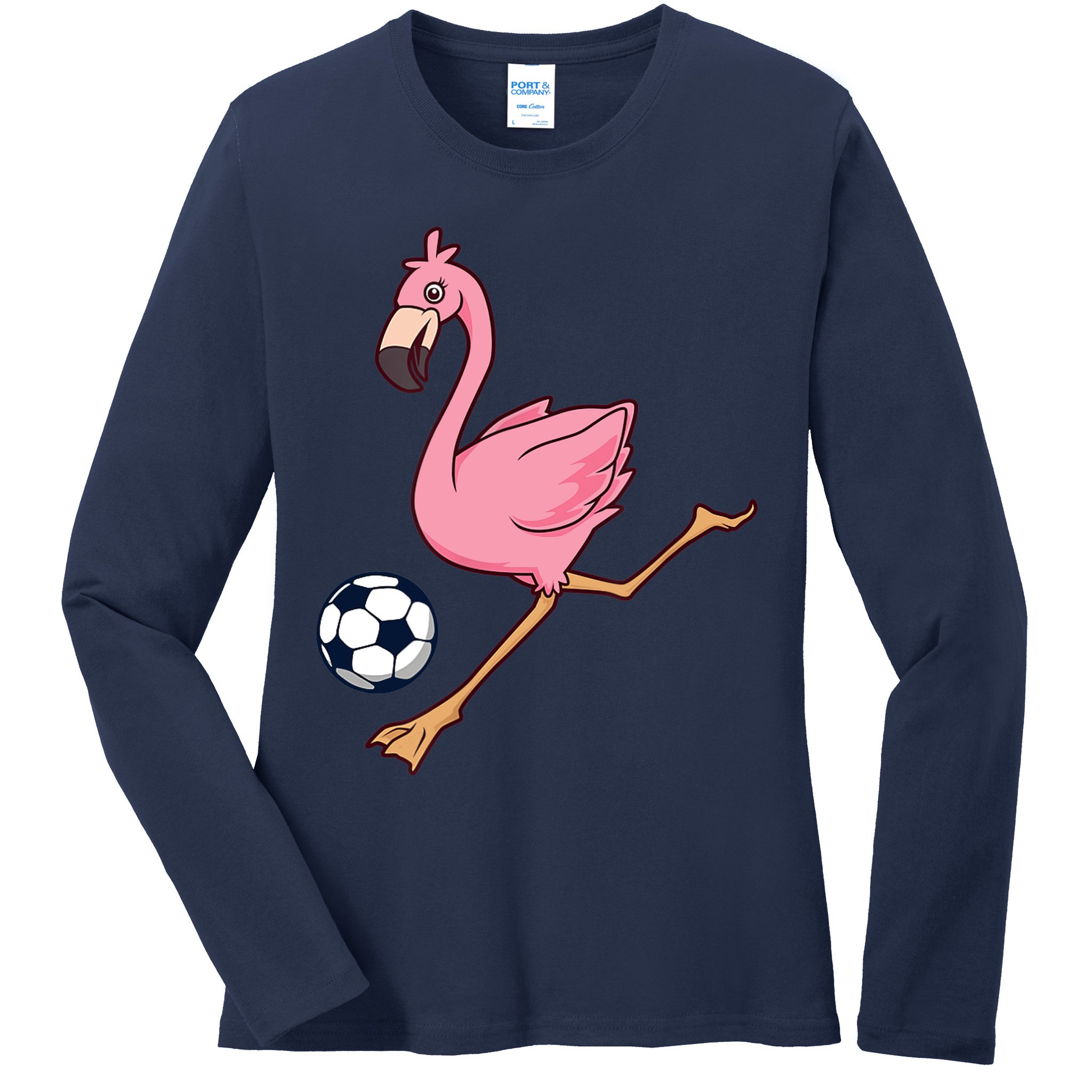 Cartoon Flamingo Playing Soccer Ladies Long Sleeve Shirt