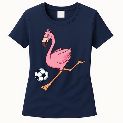 Cartoon Flamingo Playing Soccer Womens T-Shirt