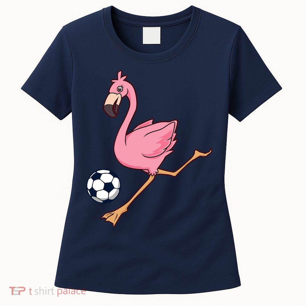 Cartoon Flamingo Playing Soccer Womens T-Shirt