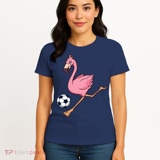 Cartoon Flamingo Playing Soccer Womens T-Shirt