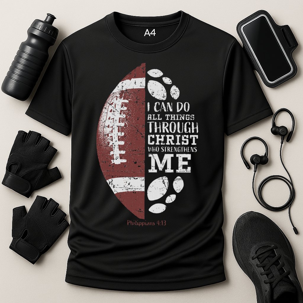 Christian Football Philippians 413 Religious Verse Faith Cooling Performance Crew T-Shirt