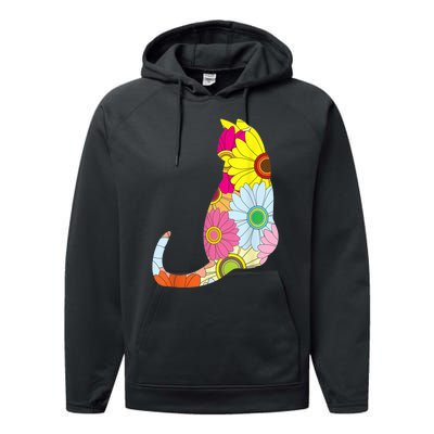 Cute Flower Power Hippie Cat Silhouette Performance Fleece Hoodie