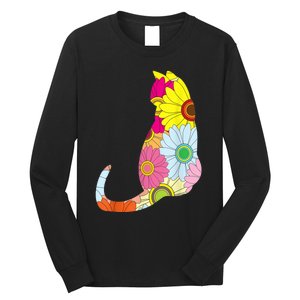 Cute Flower Power Hippie Cat Silhouette Long Sleeve Shirt