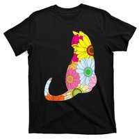 Cute Flower Power Hippie Cat Silhouette T-Shirt