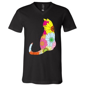 Cute Flower Power Hippie Cat Silhouette V-Neck T-Shirt