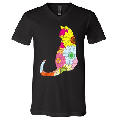 Cute Flower Power Hippie Cat Silhouette V-Neck T-Shirt