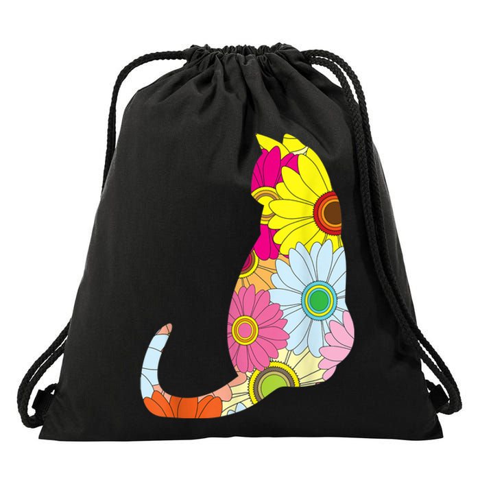 Cute Flower Power Hippie Cat Silhouette Drawstring Bag