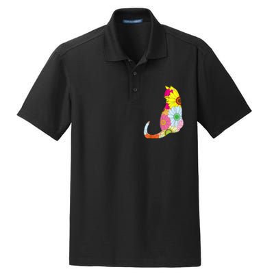 Cute Flower Power Hippie Cat Silhouette Dry Zone Grid Polo