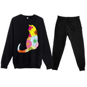 Cute Flower Power Hippie Cat Silhouette Premium Crewneck Sweatsuit Set