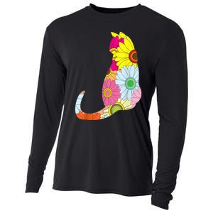 Cute Flower Power Hippie Cat Silhouette Cooling Performance Long Sleeve Crew