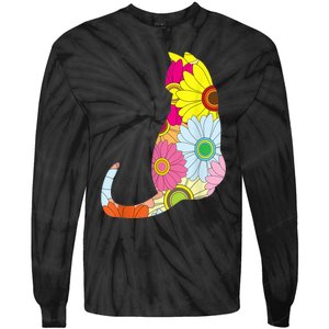 Cute Flower Power Hippie Cat Silhouette Tie-Dye Long Sleeve Shirt