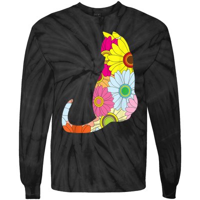 Cute Flower Power Hippie Cat Silhouette Tie-Dye Long Sleeve Shirt