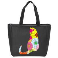 Cute Flower Power Hippie Cat Silhouette Zip Tote Bag