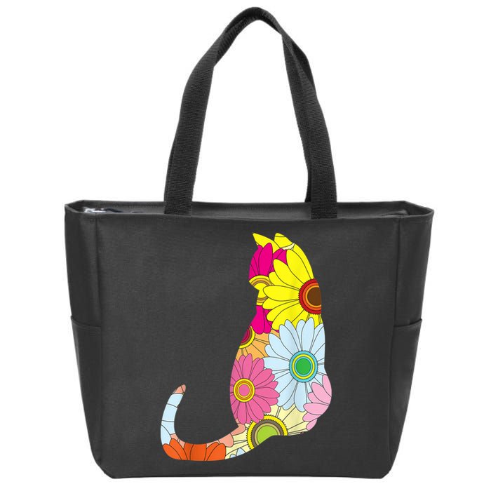 Cute Flower Power Hippie Cat Silhouette Zip Tote Bag