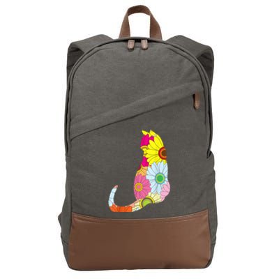 Cute Flower Power Hippie Cat Silhouette Cotton Canvas Backpack